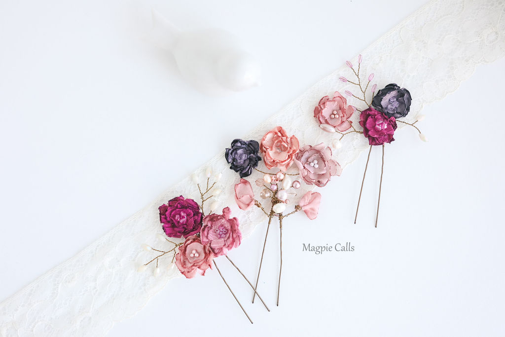 "Odette" Floral dusky pink and mauve pin set