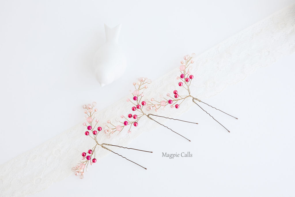 "Trixie" ombre pink beaded hair pin set