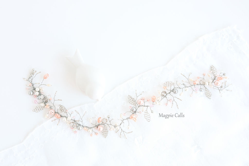 "Sarah' hairvine in silver and pink